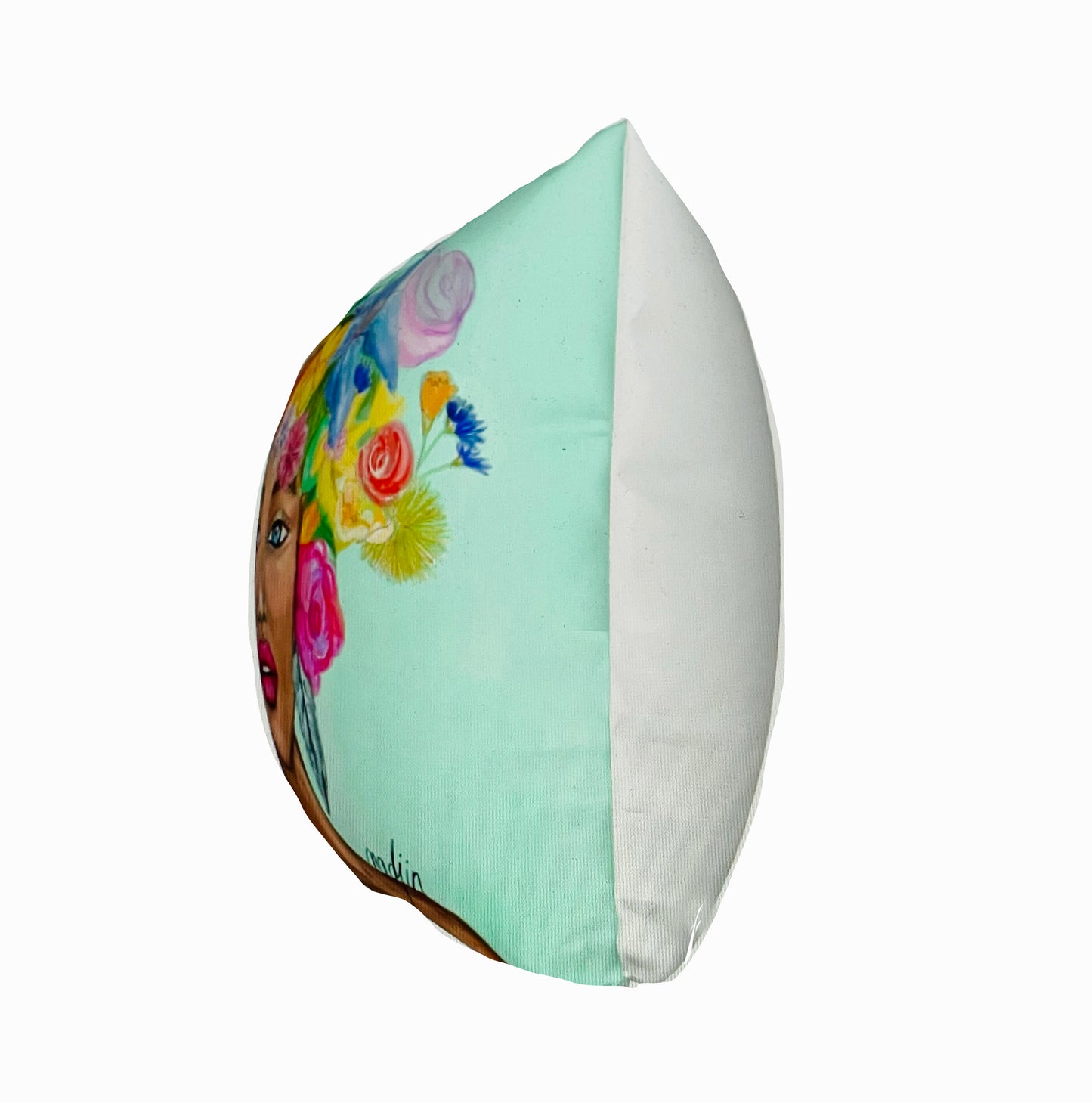 Femme plume en bleu, housse de coussin