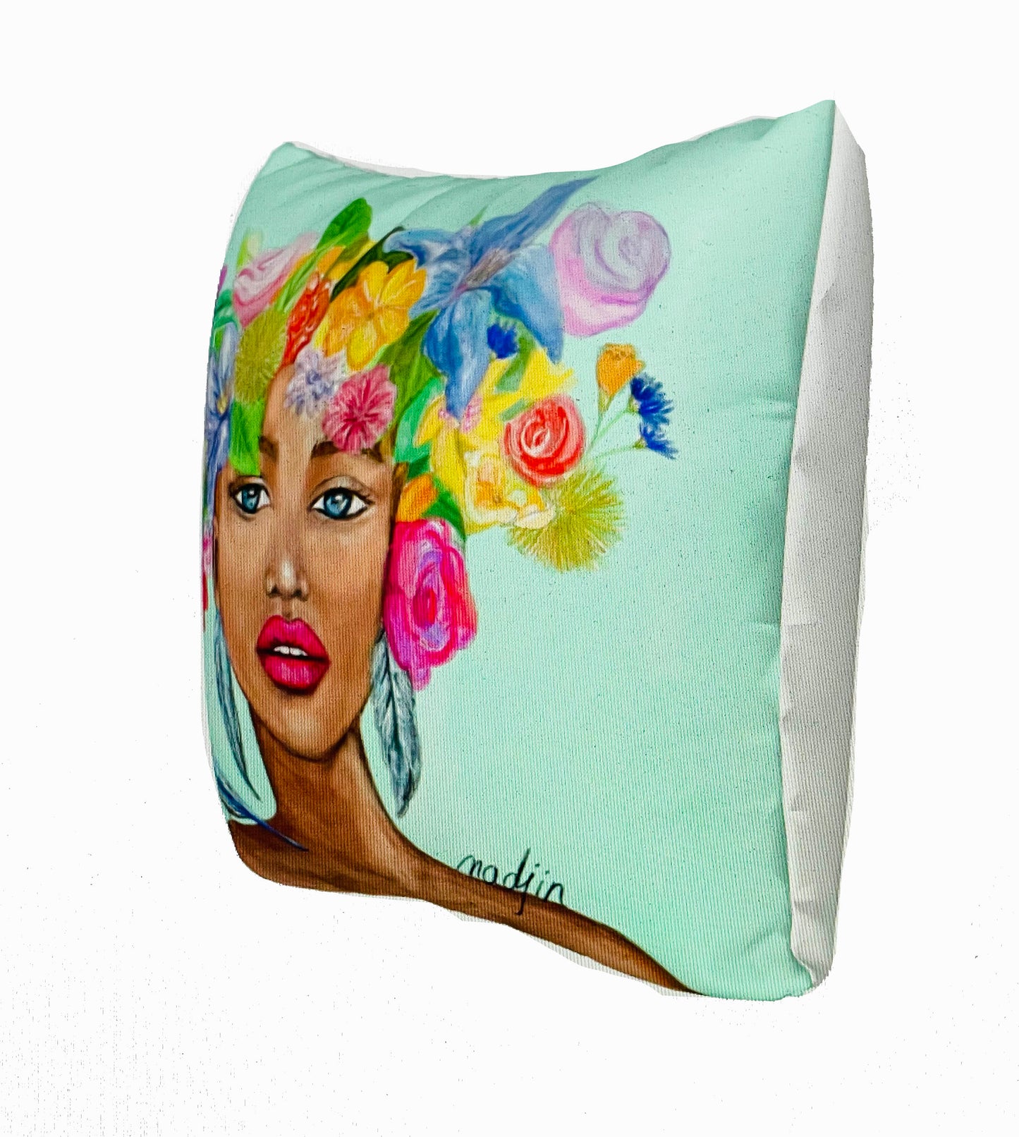 Femme plume en bleu, housse de coussin