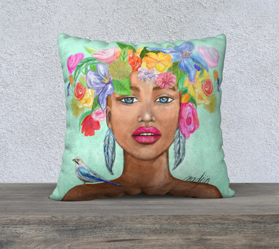 Femme plume en bleu, housse de coussin