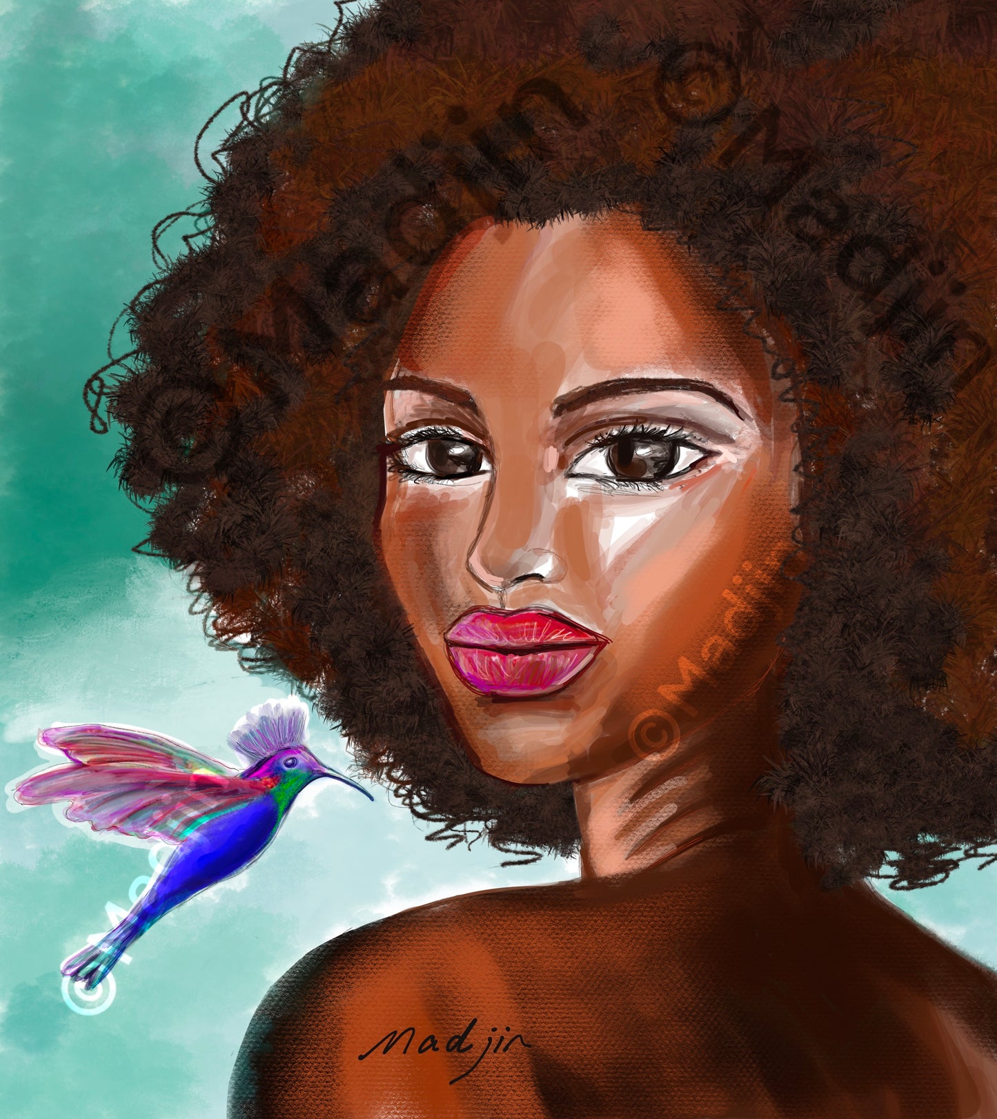Femme colibri illustrée, Illustration numérique  